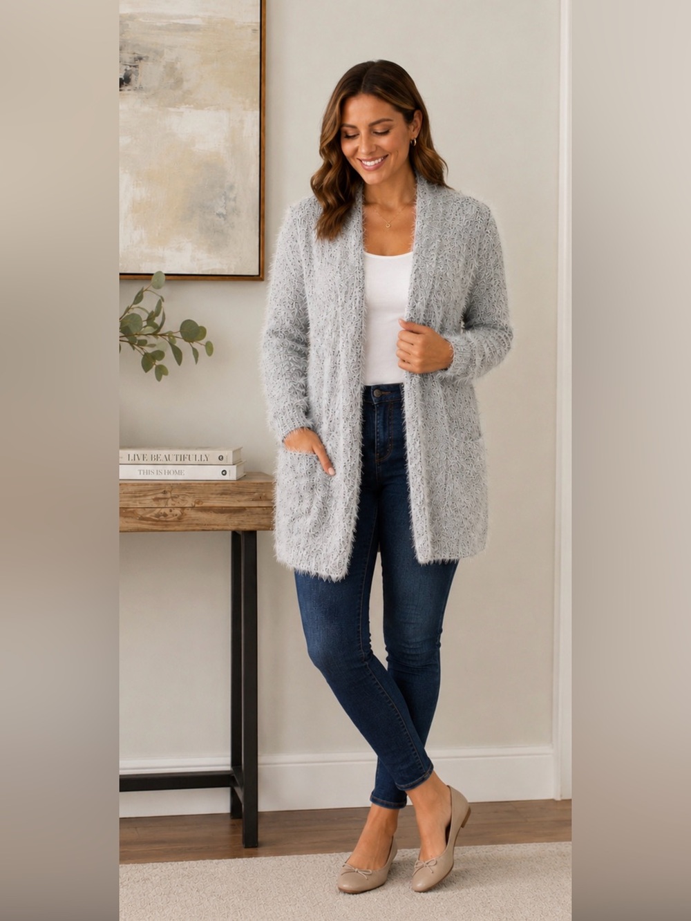 Vince Camuto Extended Size 3X Eyelash Knit Cardigan Gray Open Front Sweater Coat